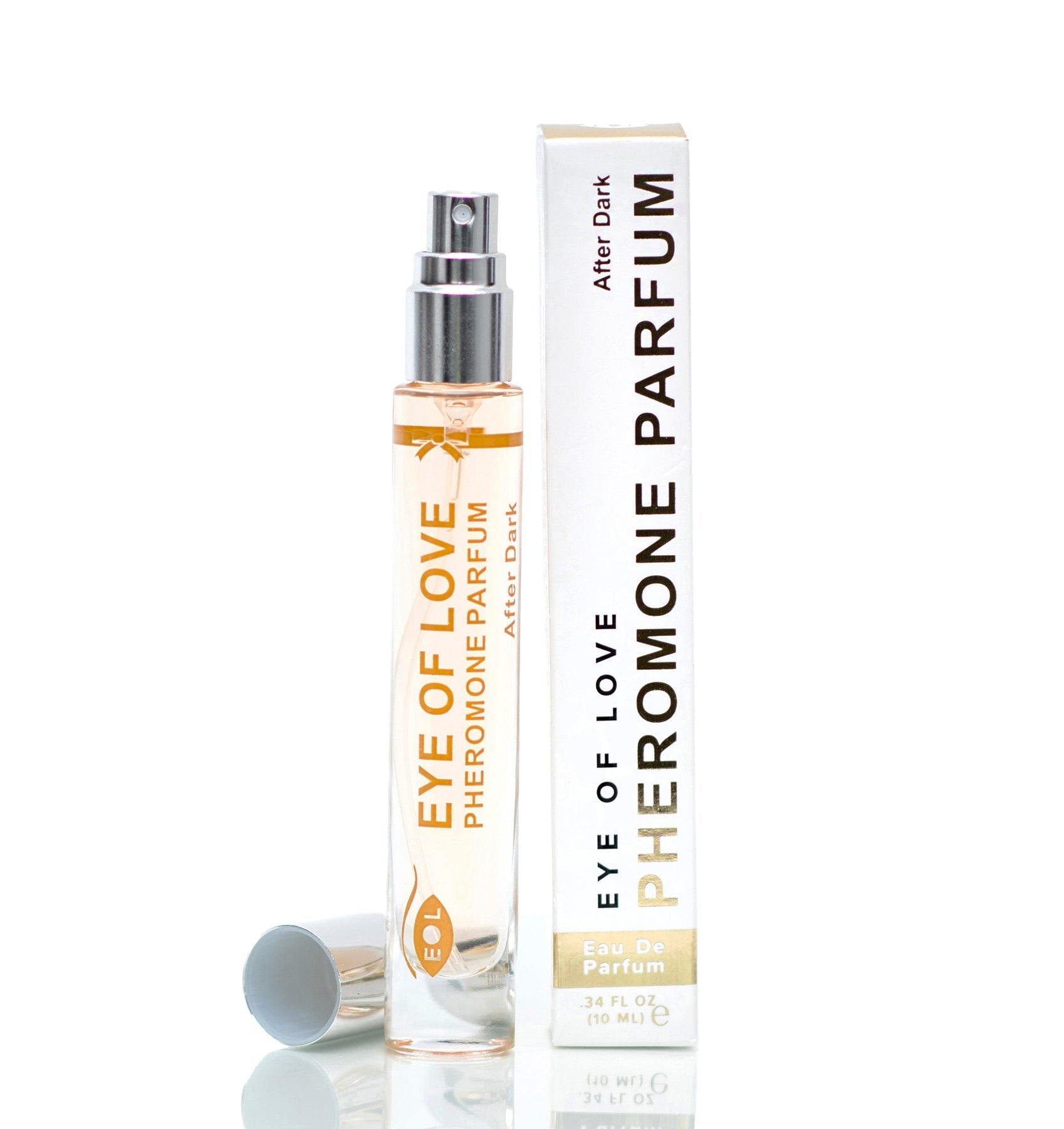 A bottle and box of Eye of Love After Dark Pheromone Perfume.
