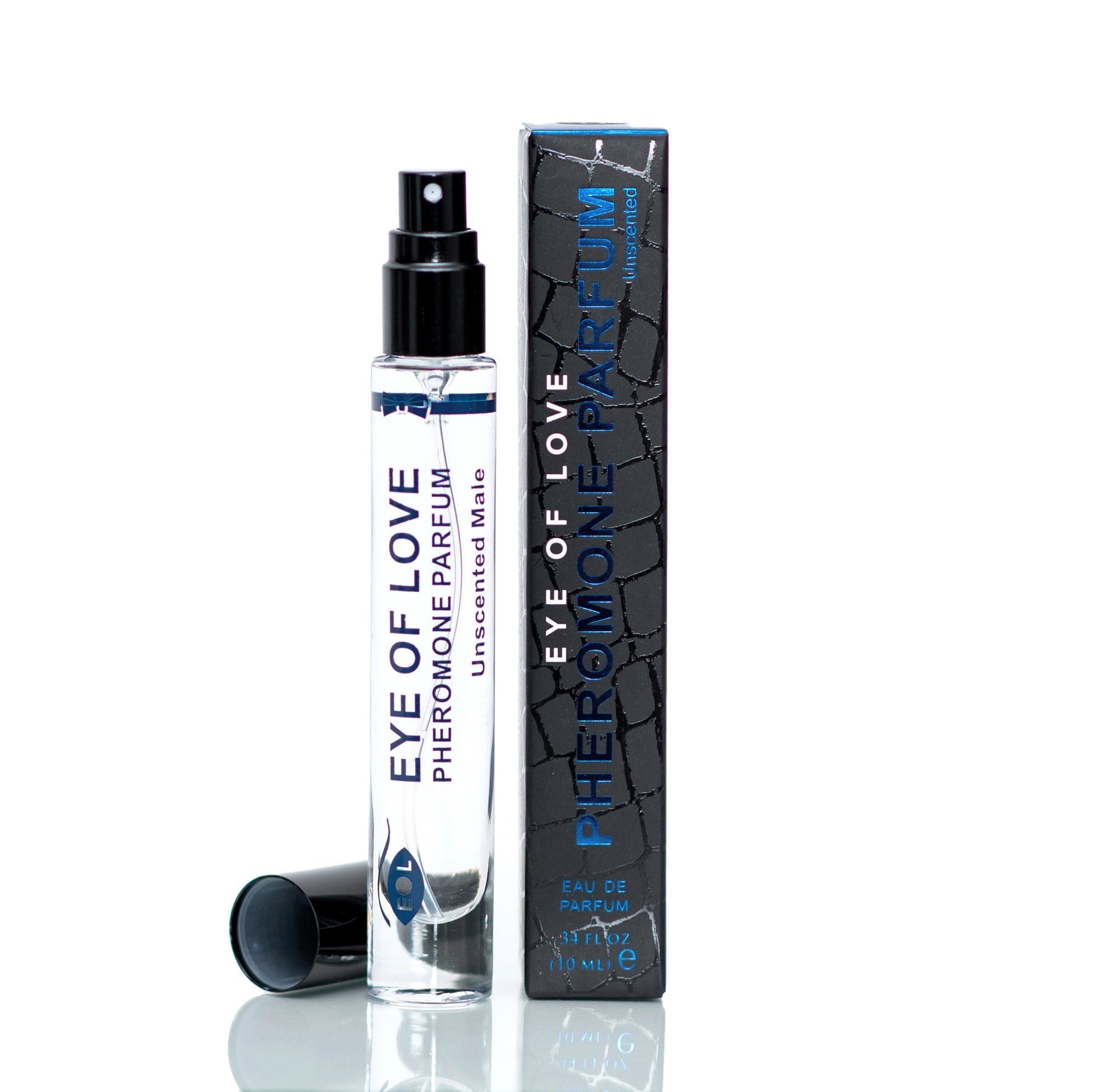 Unscented Eye of Love Pheromone Parfum for men in a spray bottle and box.