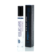 Unscented pheromone oil for men in a clear rollerball bottle with a black cap and a blue and black box.