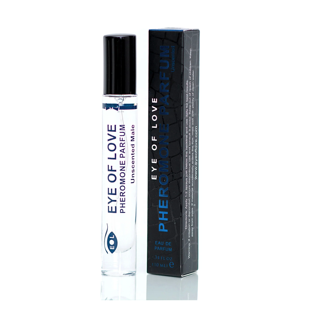 Unscented pheromone oil for men in a clear rollerball bottle with a black cap and a blue and black box.