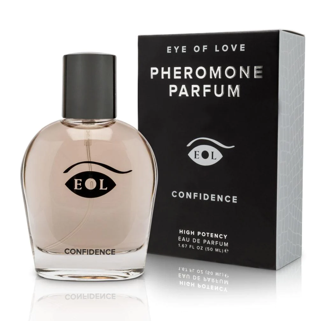 Eye of Love Confidence Pheromone Parfum cologne in a clear bottle with a black box.