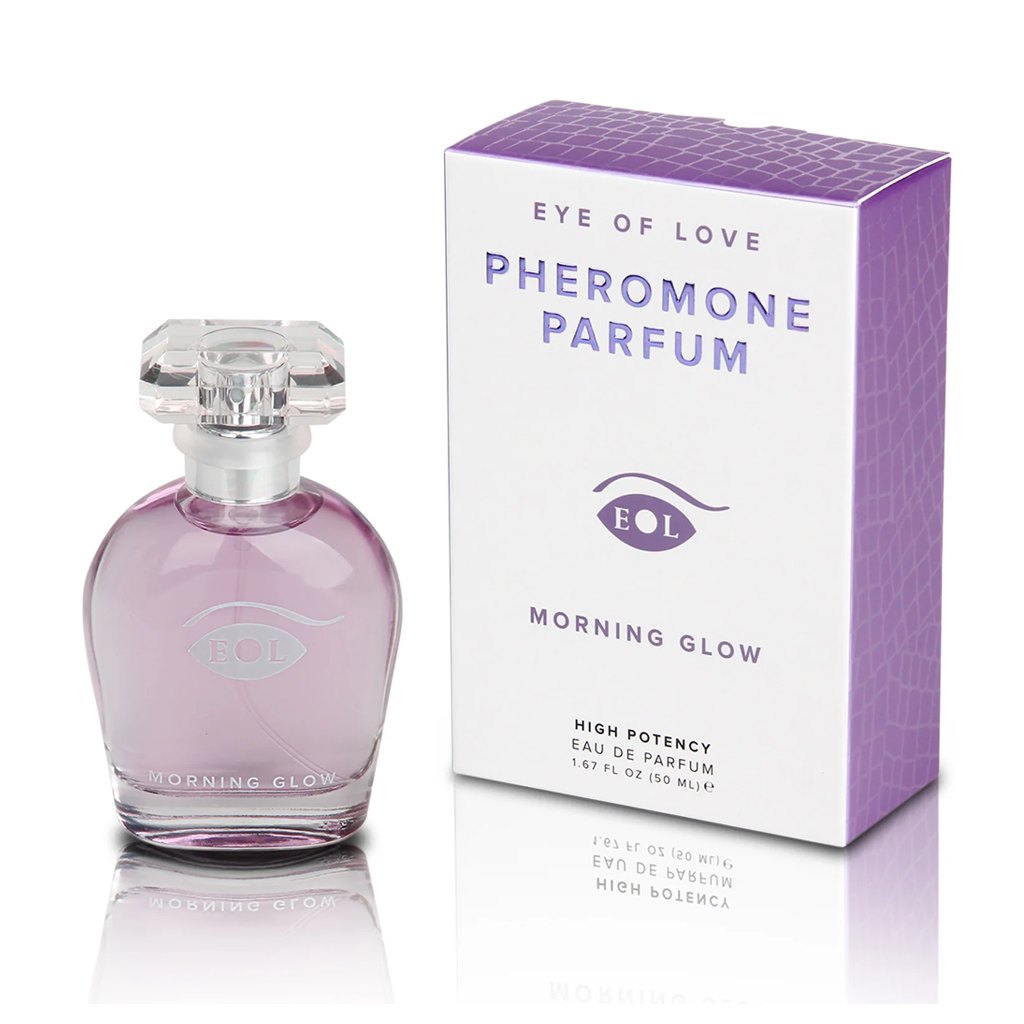 A bottle of Morning Glow Pheromone Parfum with its box.