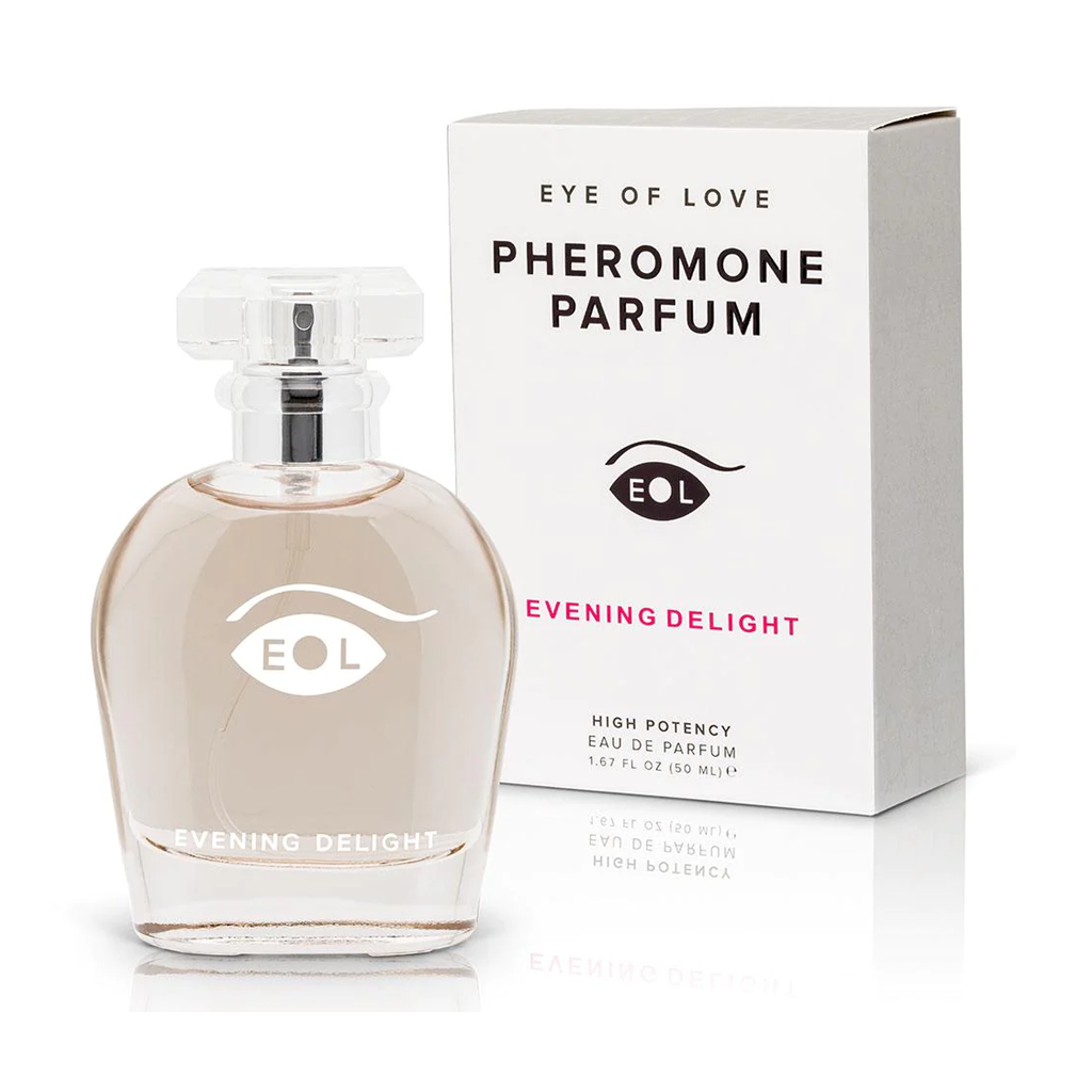 Eye of Love Evening Delight Pheromone Parfum for women in a clear glass bottle.