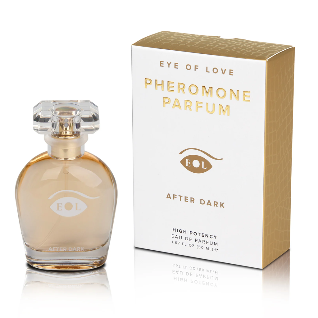 A bottle of Eye of Love After Dark Pheromone Parfum with its gold and white box.