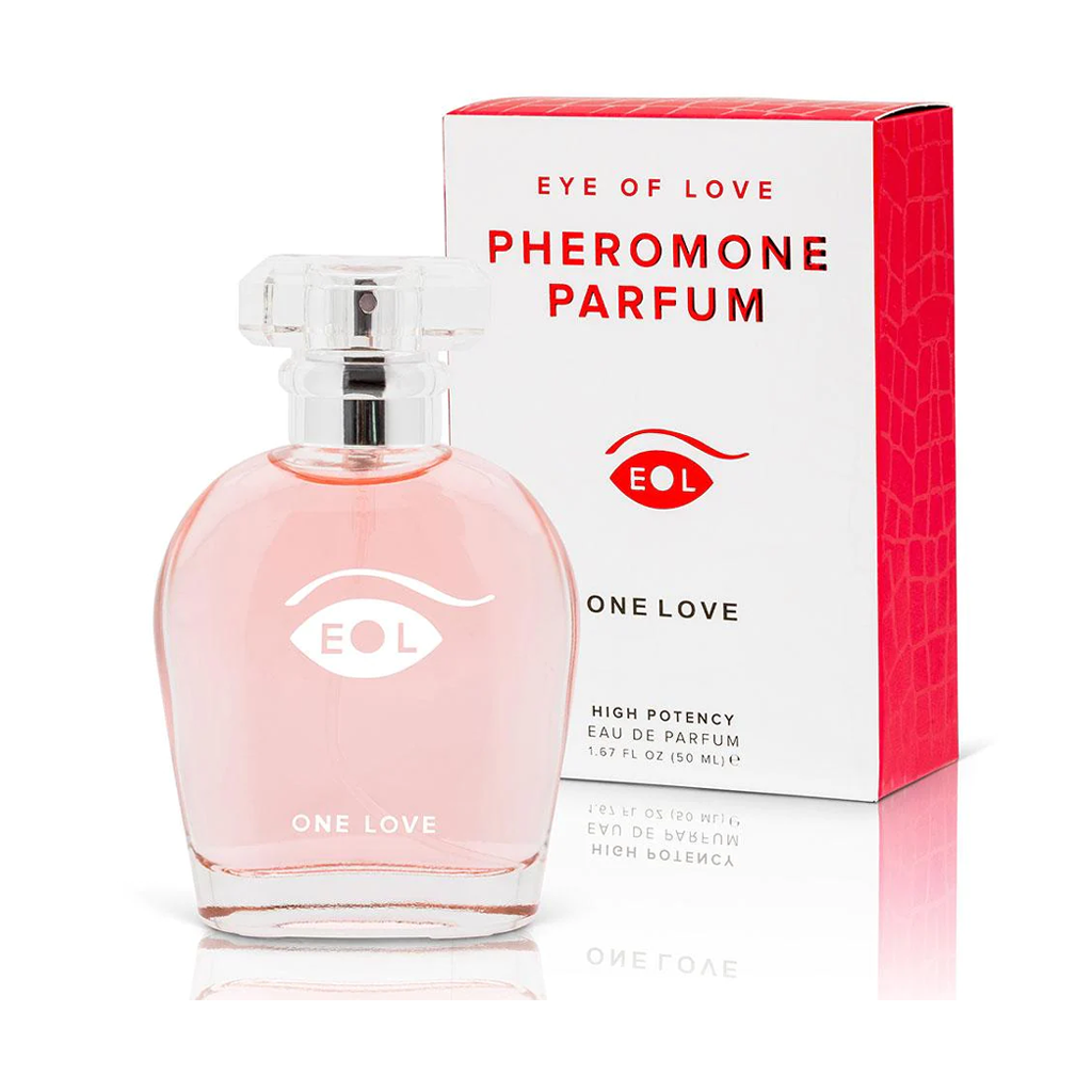 Eye of Love One Love Pheromone Parfum in a pink glass bottle with a white box.