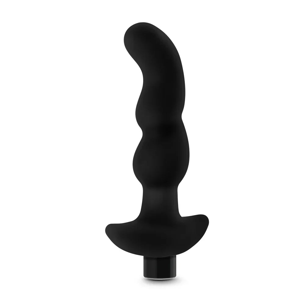 Black silicone prostate massager with a curved design and flared base.