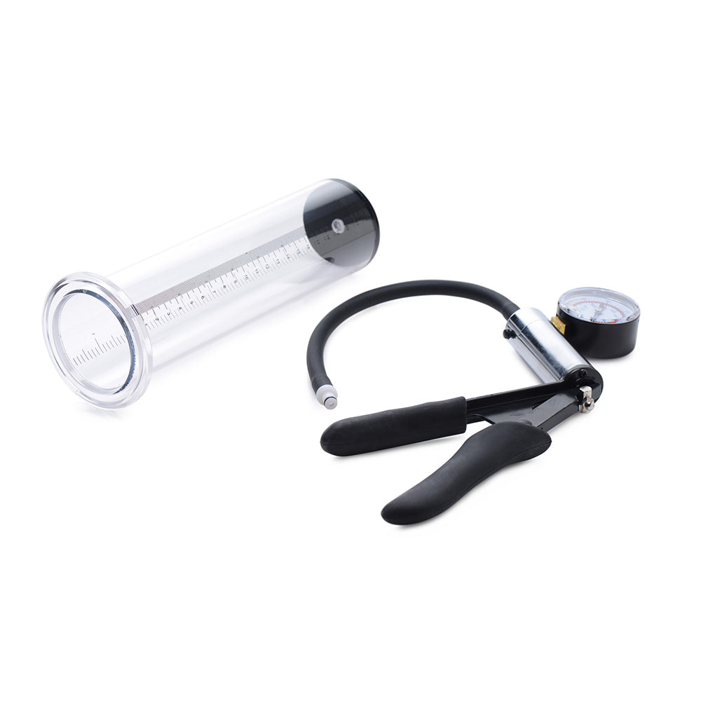 Penis pump kit with a clear cylinder and a hand pump with a pressure gauge.