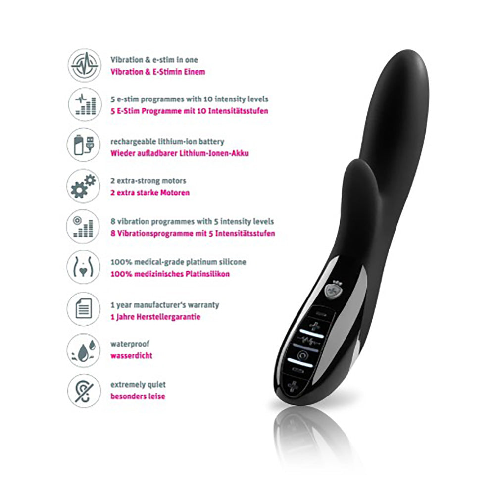 Black E-Stim vibrator with dual motors, 8 vibration and 5 E-stim programs, and waterproof design.