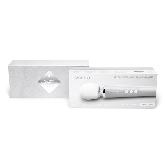 Le Wand Petite Rechargeable Vibrating Massager set in "All That Glimmers" packaging.