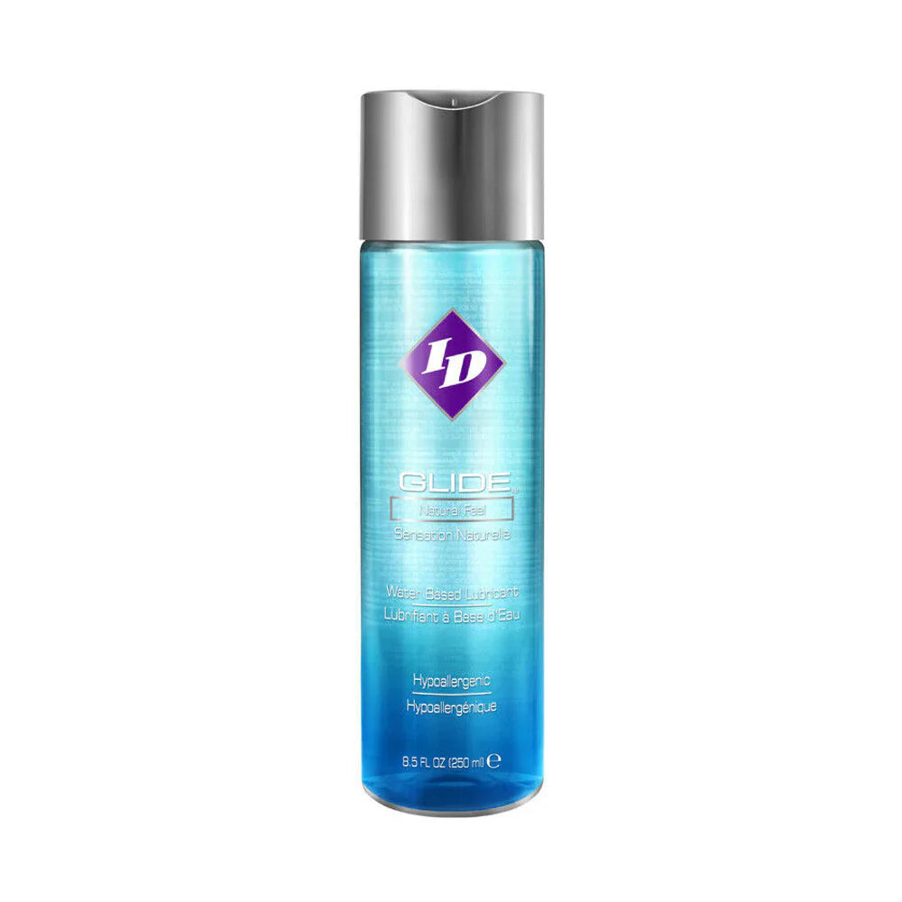 ID Glide water-based lubricant in a clear bottle with a silver cap.