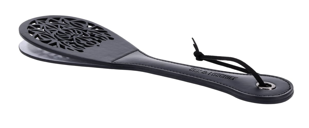 Faux leather spanker paddle with lace cutout and split tip.