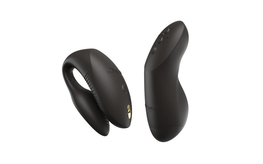Two black We-Vibe Chorus Pro couples vibrators with a haptic remote.