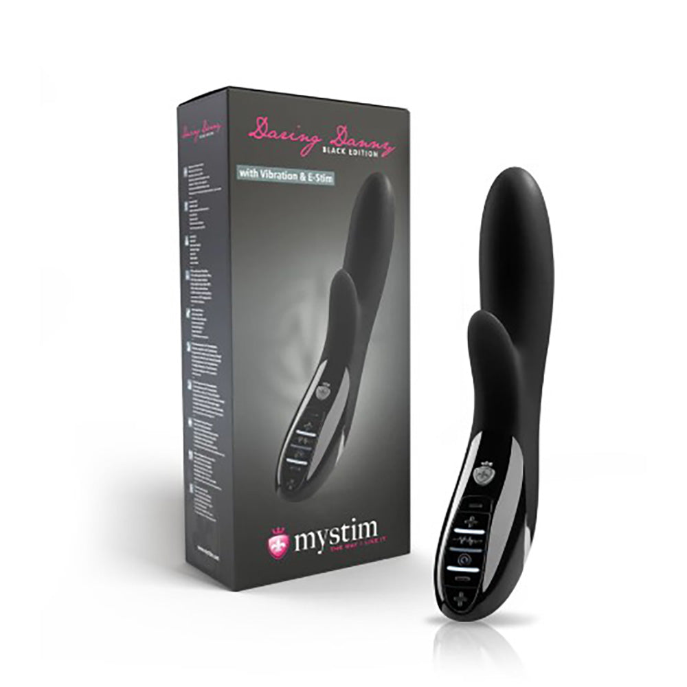 Black silicone vibrator with E-Stim and vibration, shown with its box.
