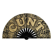Glittery gold satin hand fan with a snake print pattern and the word "CUNT" in gold lettering.