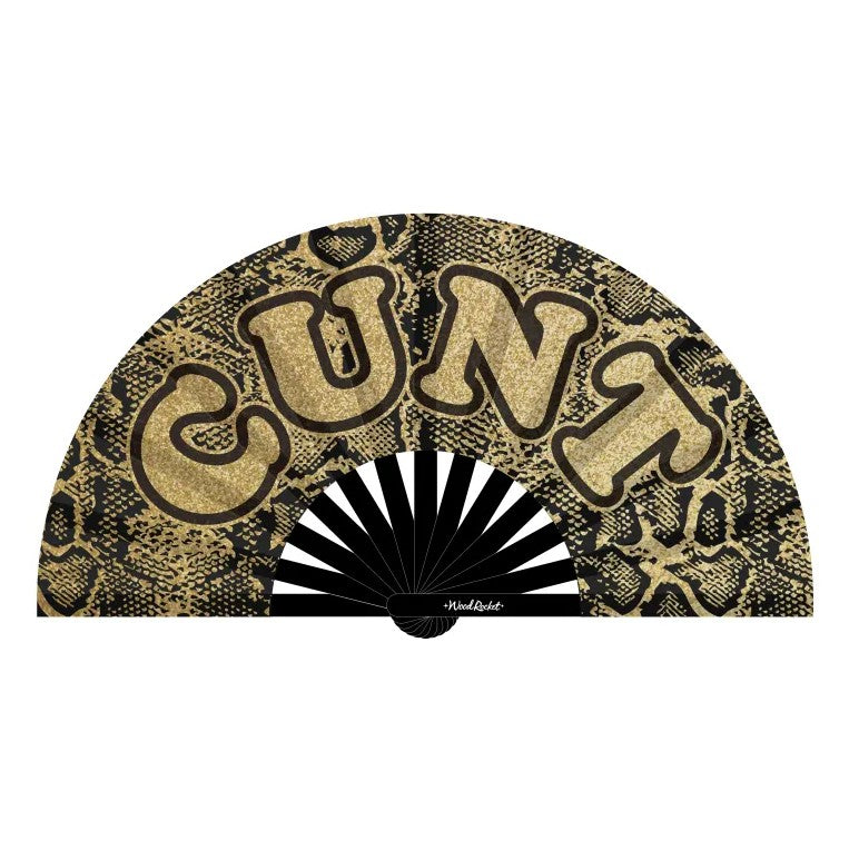 Glittery gold satin hand fan with a snake print pattern and the word "CUNT" in gold lettering.