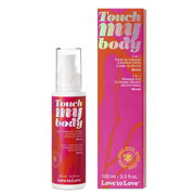A bottle and box of Love to Love Touch My Body 2-in-1 massage fluid and lubricant.