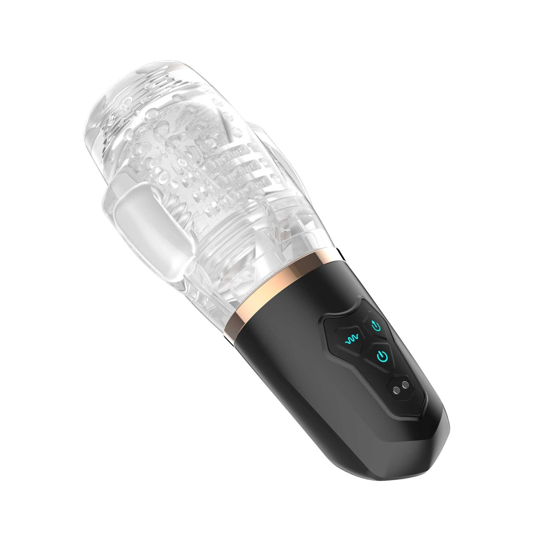 A clear textured sleeve with a black handle featuring vibration and power buttons.