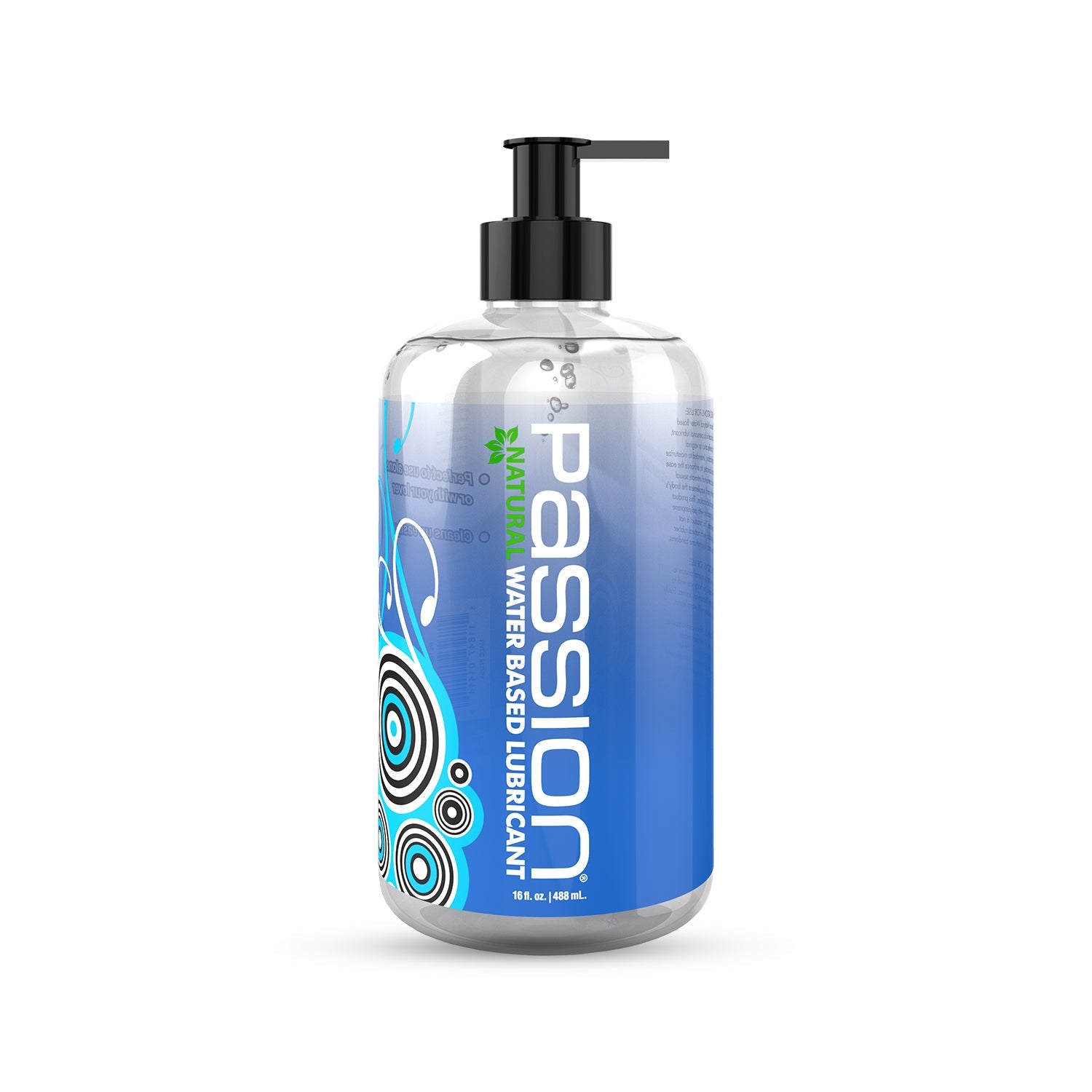 A clear bottle of Passion Natural Water Based Lubricant with a black pump dispenser.