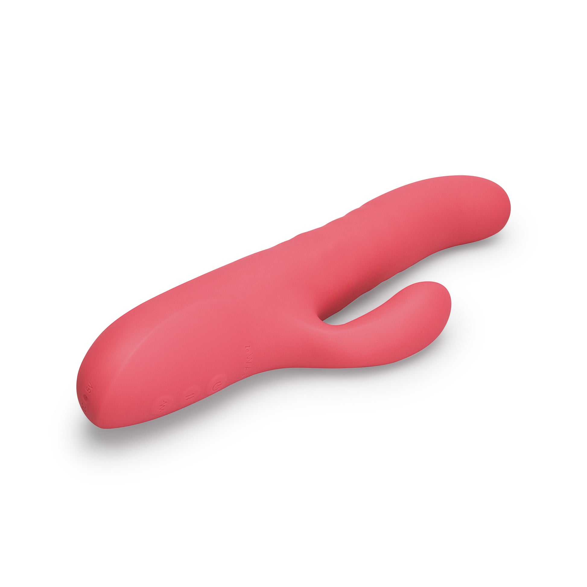 A pink silicone rabbit vibrator with dual stimulation and control buttons.