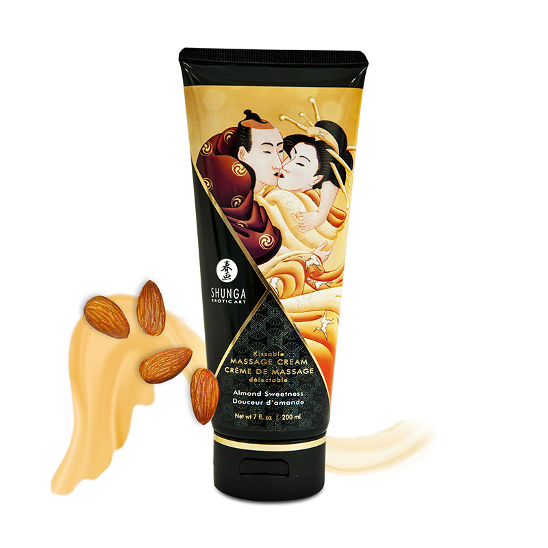 Shunga Almond Sweetness edible massage cream in a tube with almonds and cream.
