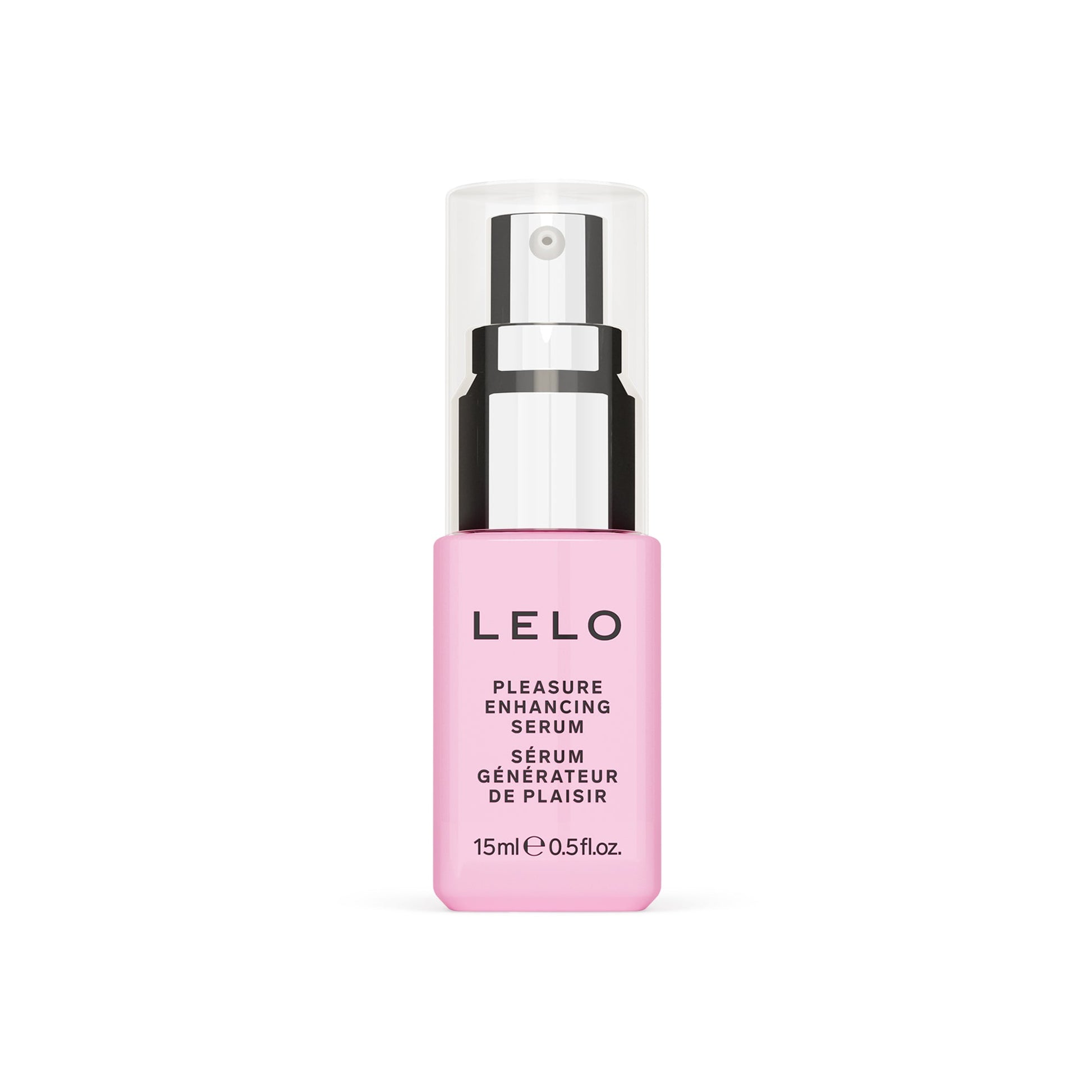 A pink bottle of Lelo Pleasure Enhancing Serum with a clear pump dispenser.