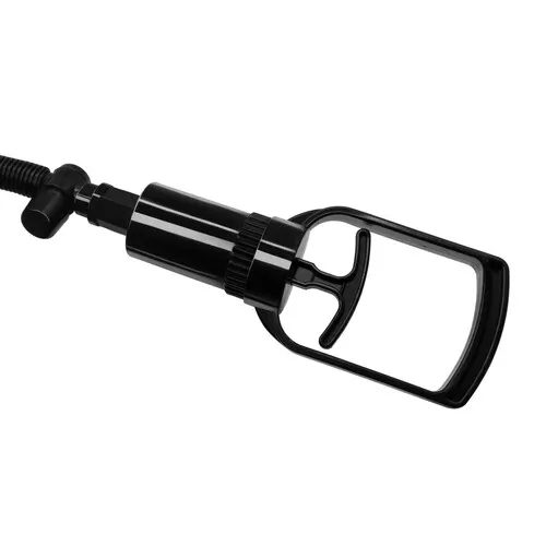 Black penis pump with a handle and a hose attachment.