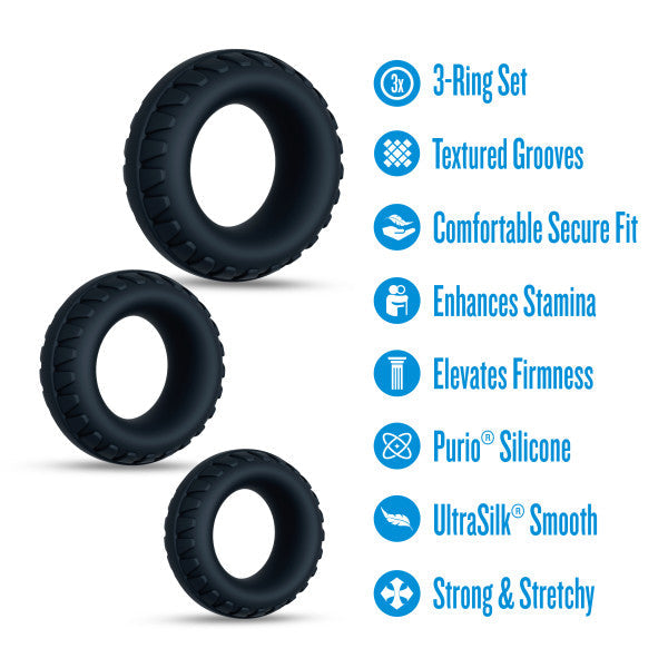 Three textured black silicone cock rings of varying sizes.