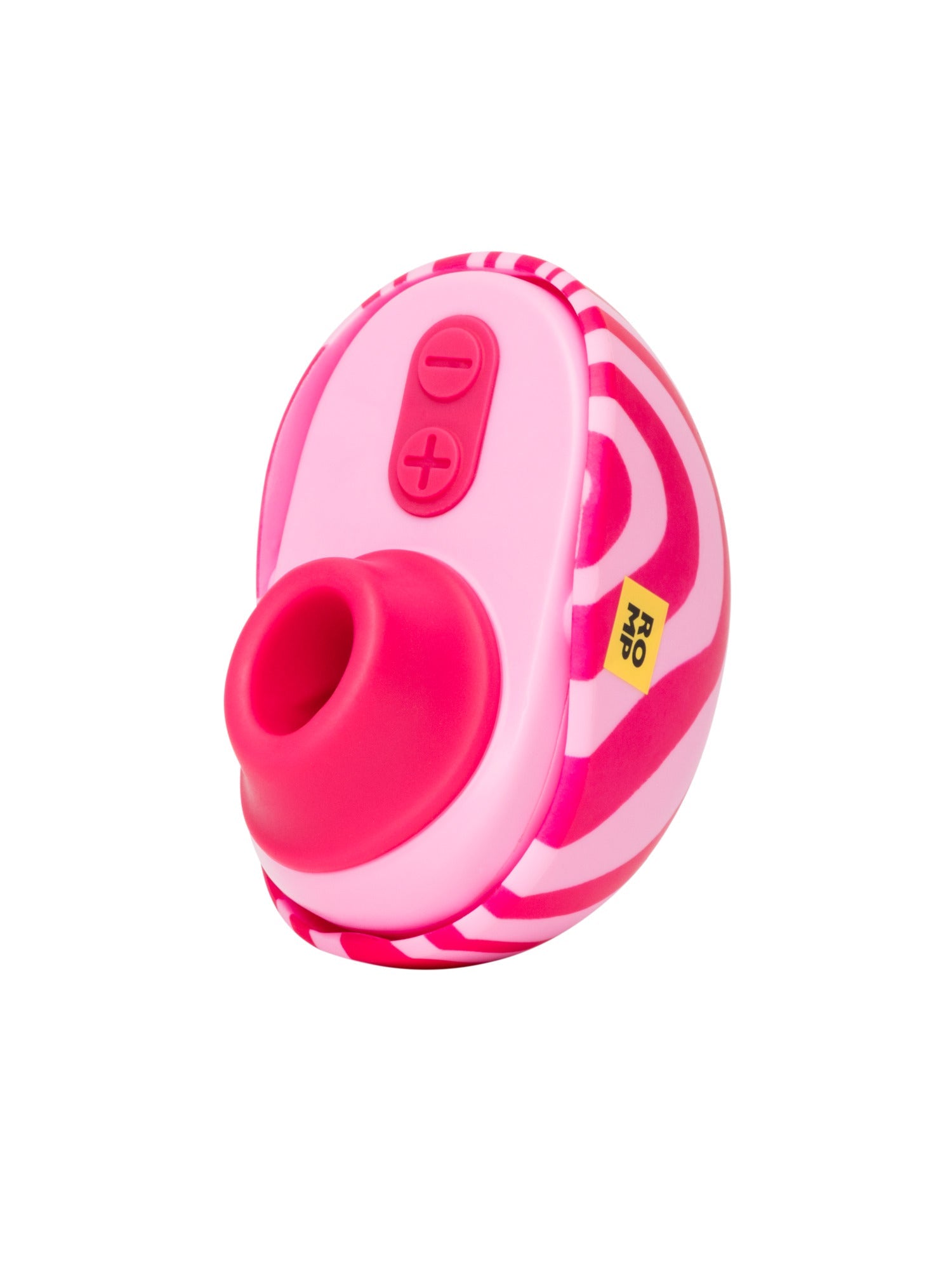 Pink and white striped suction toy with plus and minus buttons.