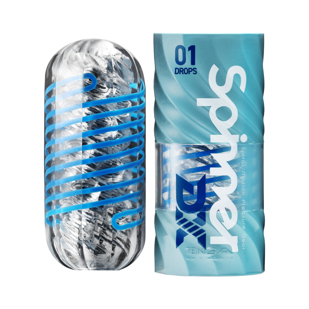 Tenga Spinner DX 01 Drops reusable stroker with a blue spiral design and drying stand.