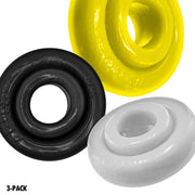 Three multi-sized cock rings in black, yellow, and white.