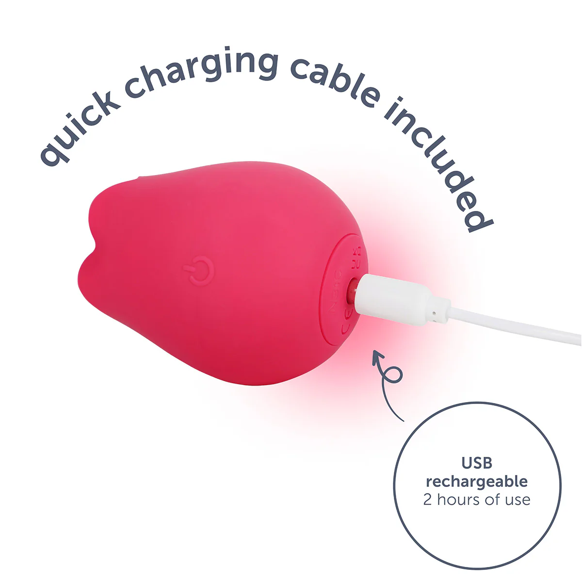 Pink rose-shaped clitoral stimulator with USB charging cable.