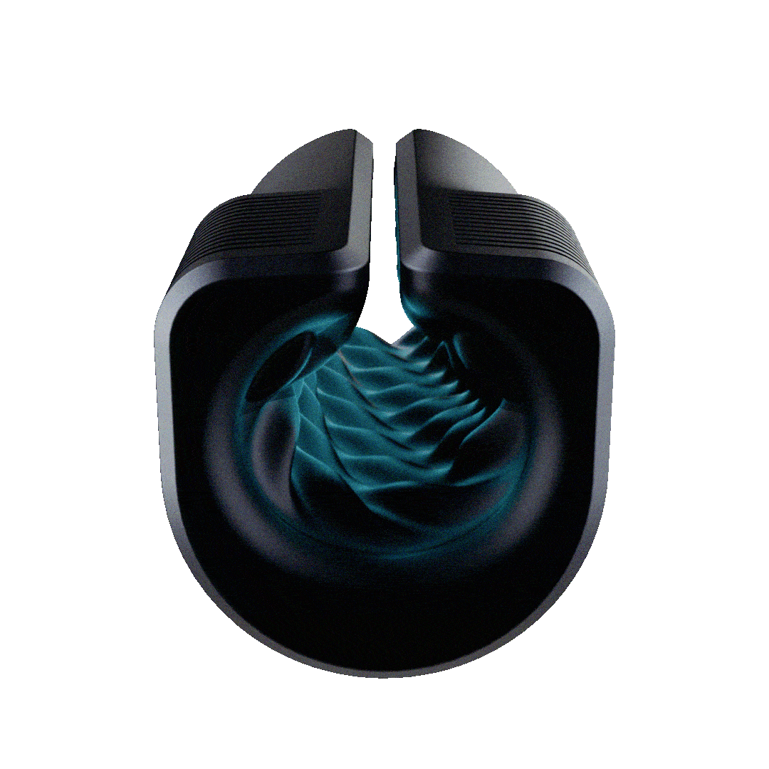 Black silicone vibrating open sleeve masturbator with adjustable fit and dual motors.