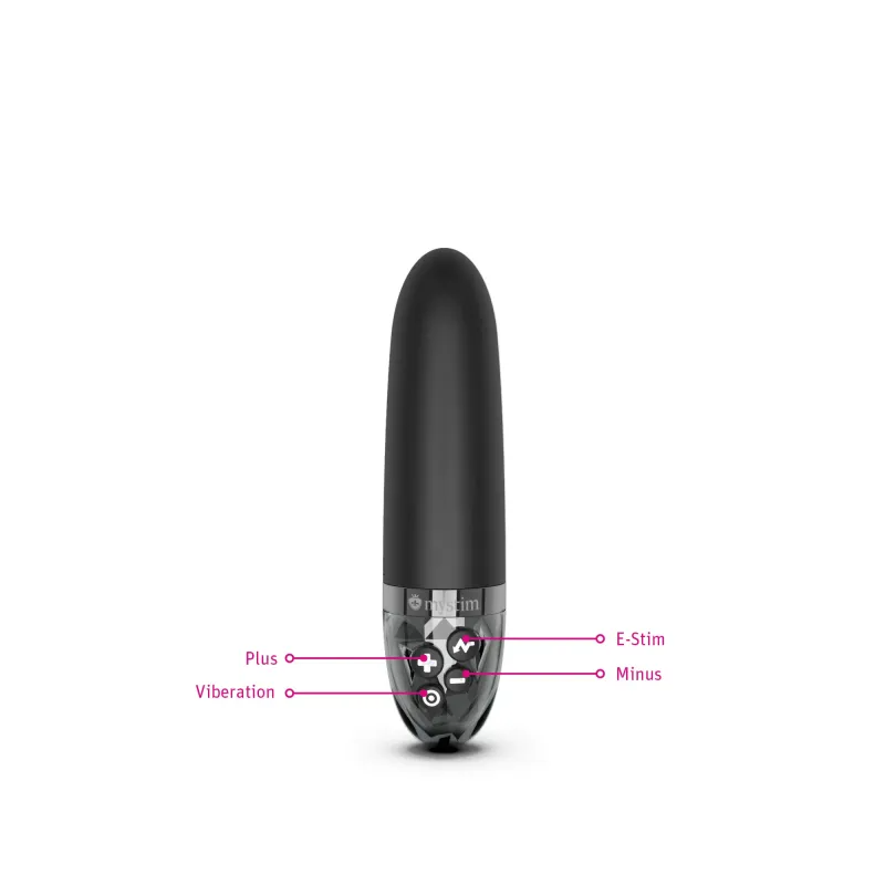 Black E-Stim vibrator with buttons labeled Plus, Vibration, E-Stim, and Minus.