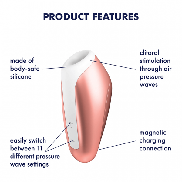 Rose gold and white clitoral stimulator made of body-safe silicone with air-pulse technology.