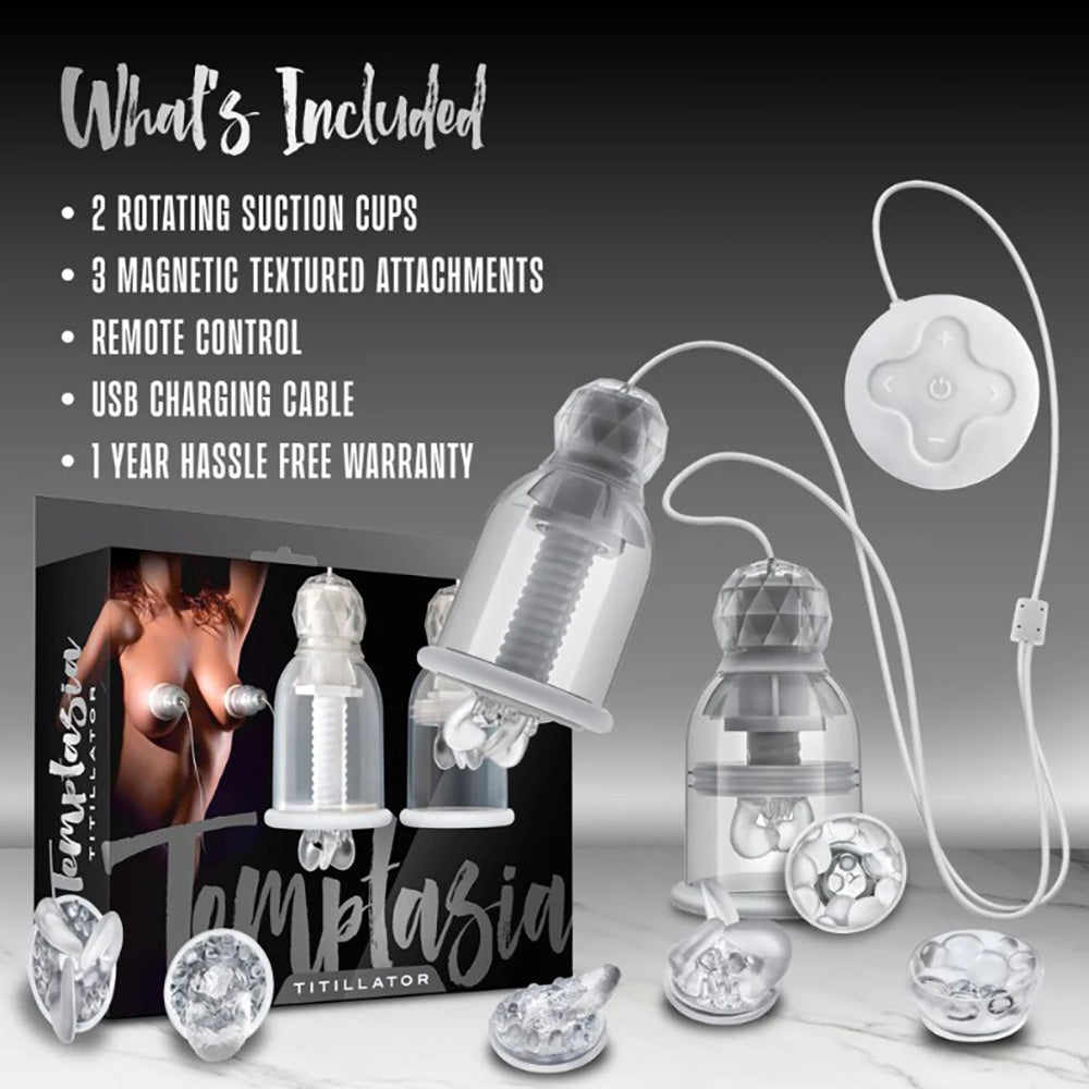 Nipple massager set with rotating cups, textured attachments, and remote control.