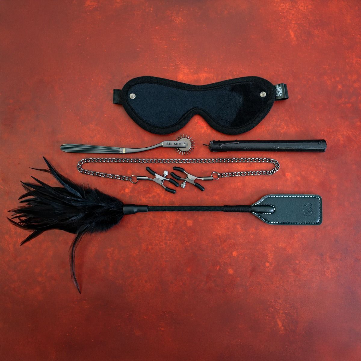 BDSM kit with blindfold, clamps, pinwheel, feather tickler, and paddle.