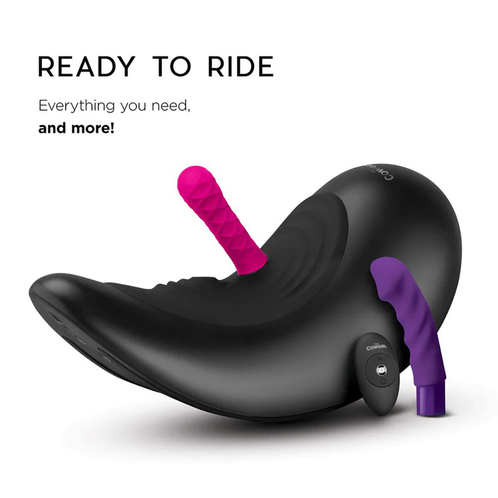 Cowgirl Saddle sex machine with two vibrator attachments and remote.