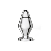 A polished metallic anal plug with a flared base and a tapered tip.