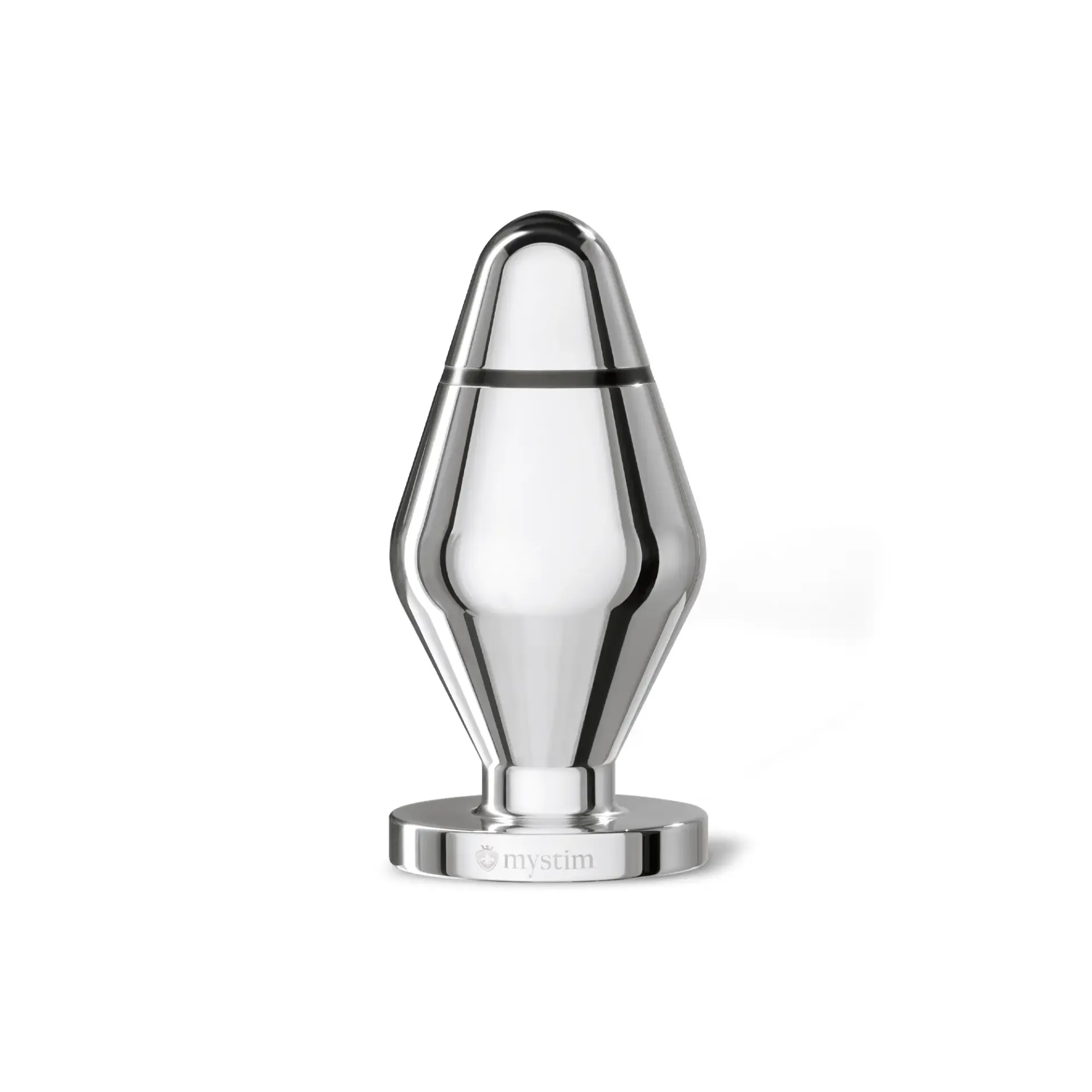 A polished metallic anal plug with a flared base and a tapered tip.