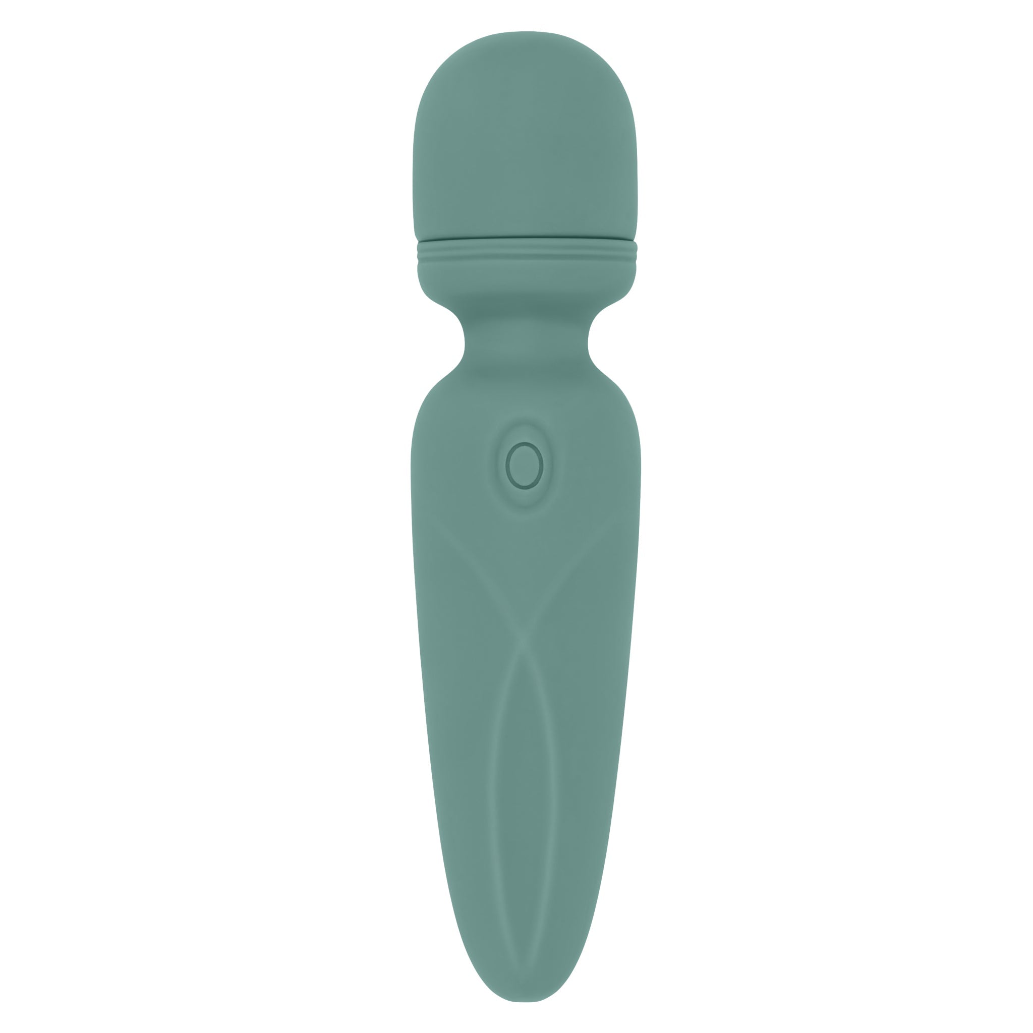 A teal silicone vibrator with a rounded head and a button on the handle.