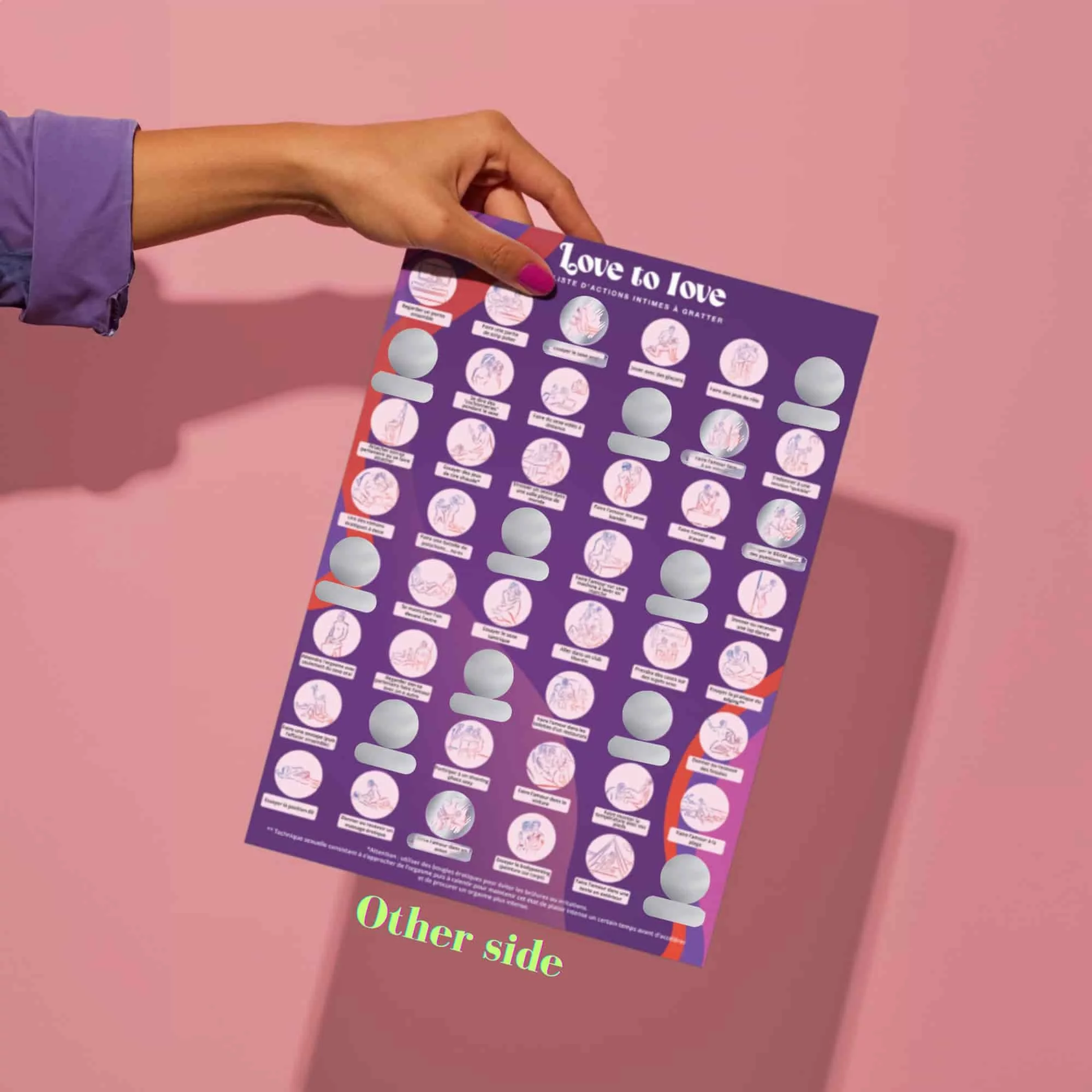 A purple scratch-off poster for couples with 48 intimate actions to discover.