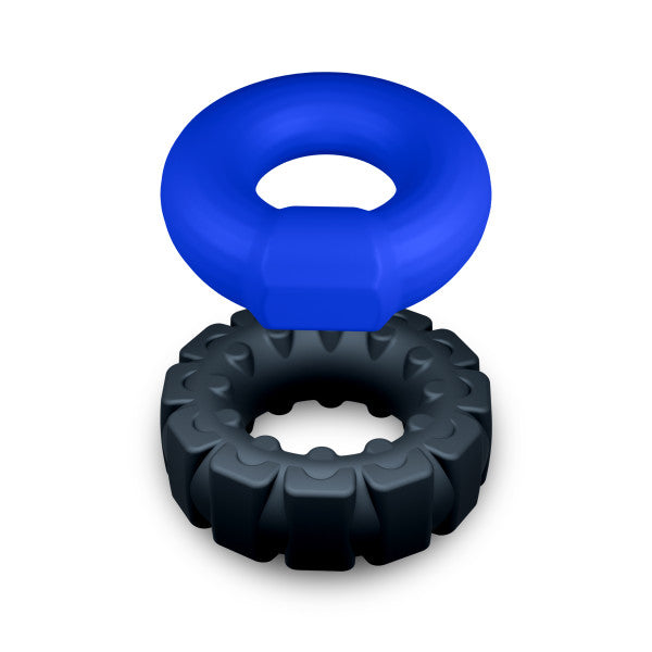 A blue and black silicone cock ring set with textured and smooth rings.