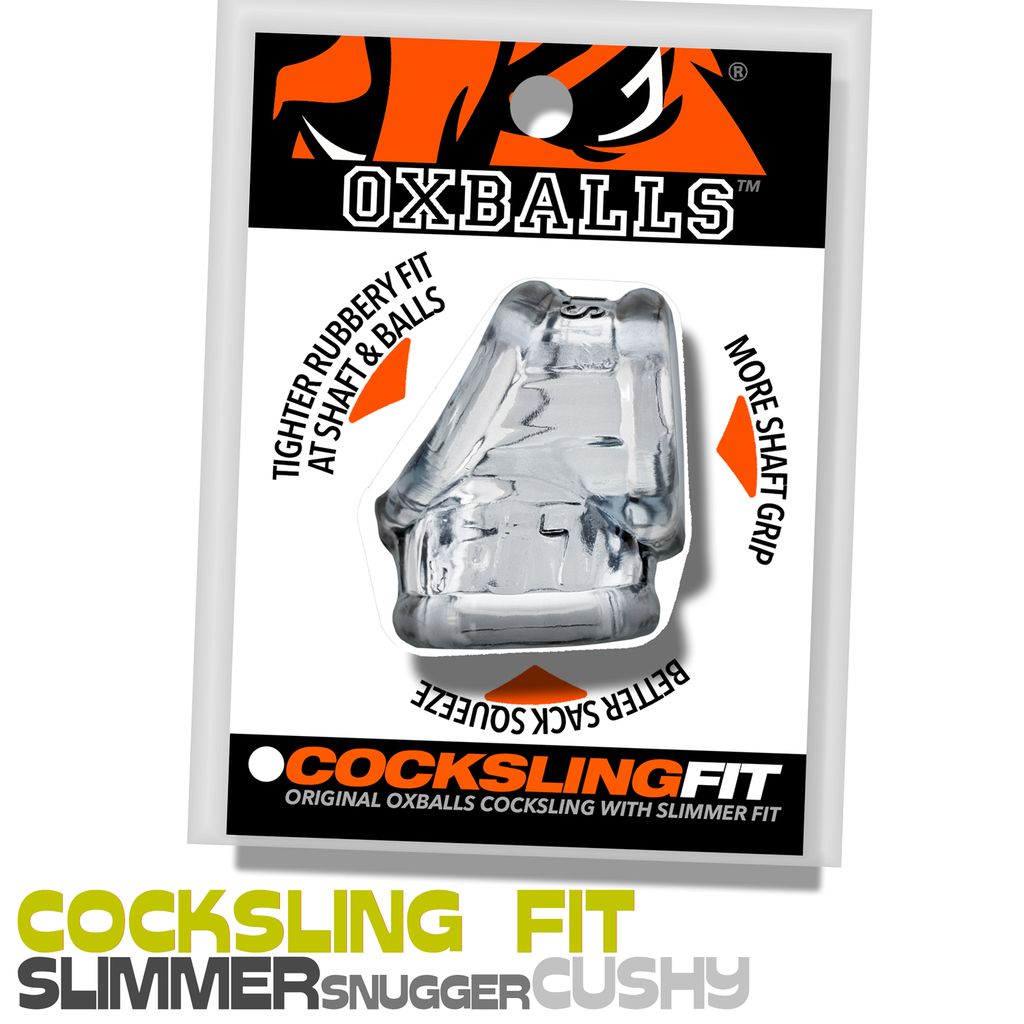 Clear Oxballs Cocksling Fit Slim cock ring and ball stretcher.