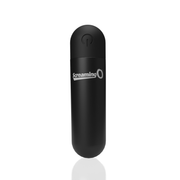 Black rechargeable bullet vibrator with power button and Screaming O logo.