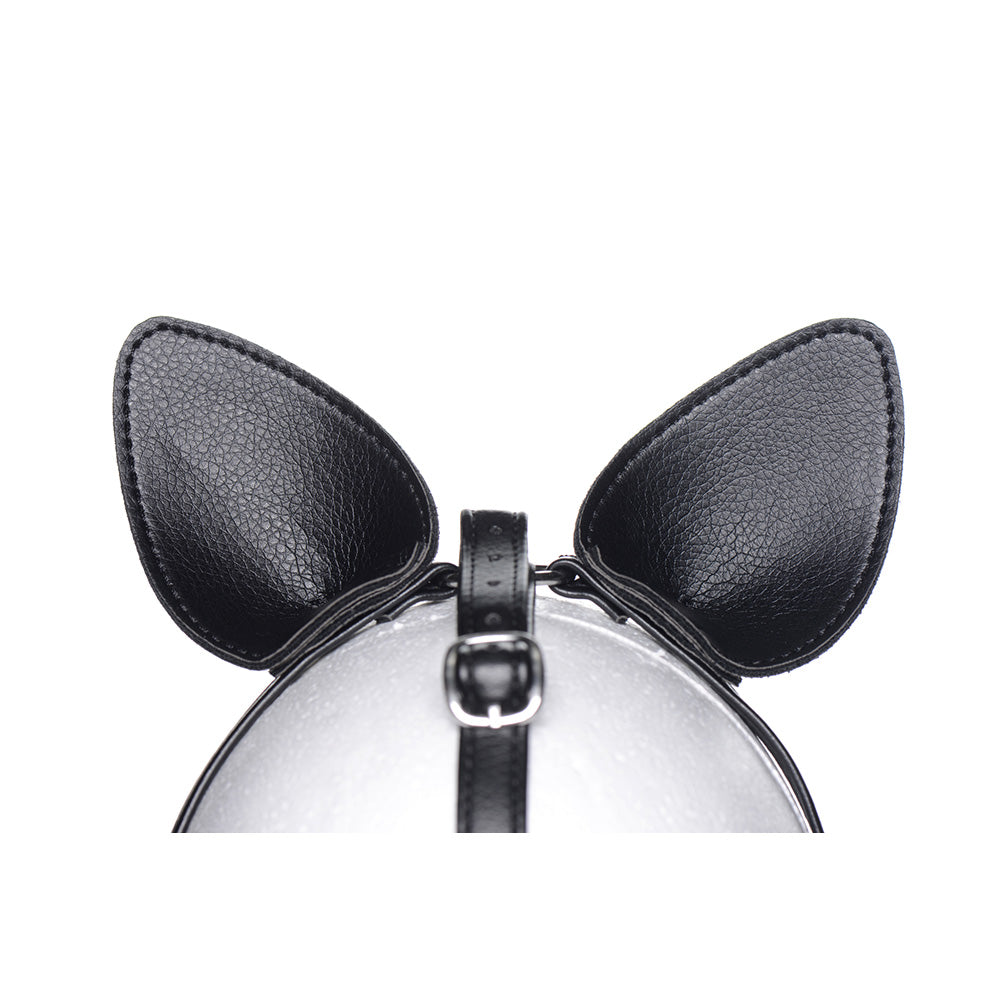 Black vegan leather pony ears with a strap and buckle on a silver headpiece.