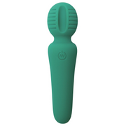 A teal silicone wand vibrator with a ribbed head and a power symbol.
