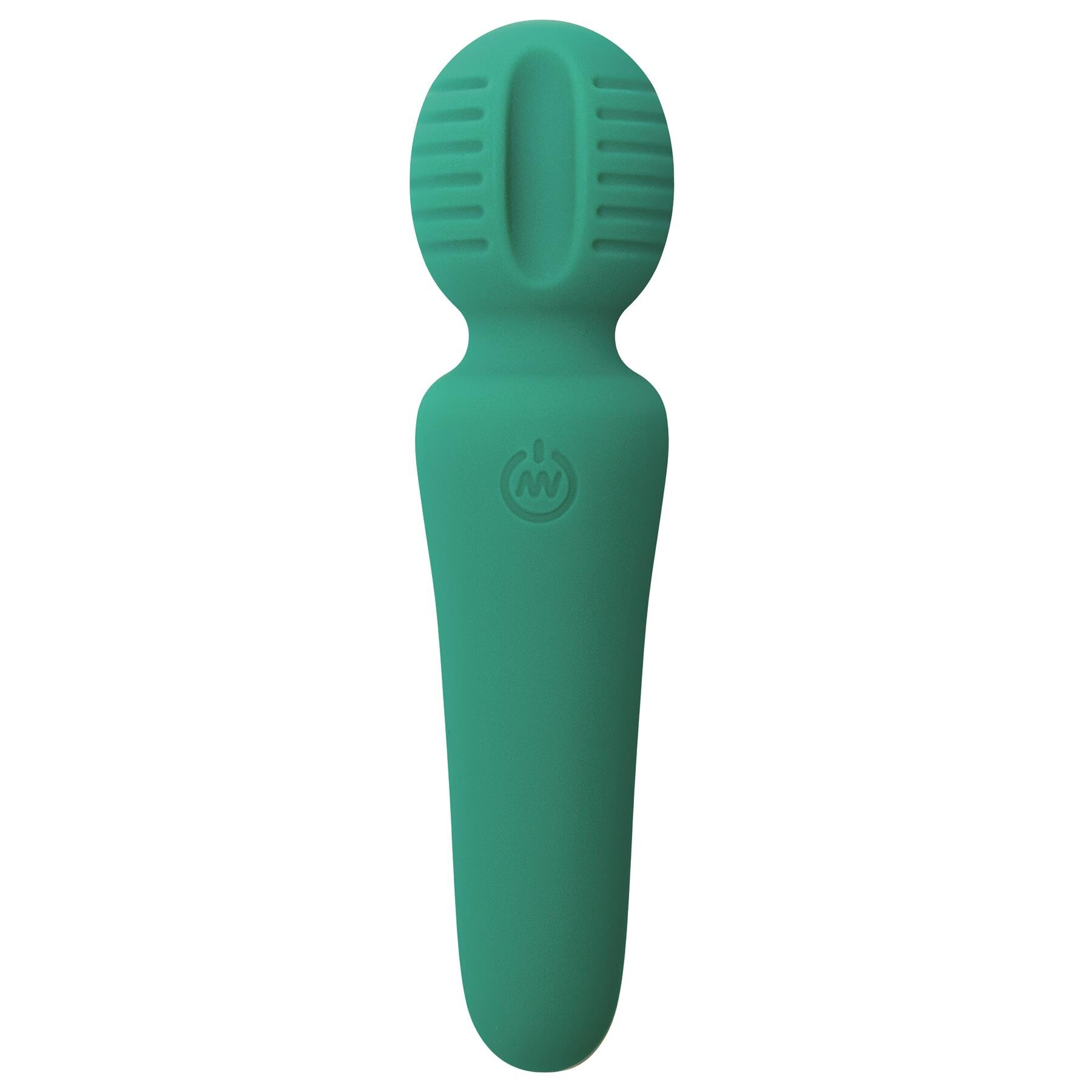 A teal silicone wand vibrator with a ribbed head and a power symbol.