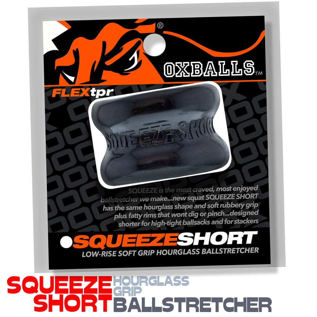 Black OXBALLS Short Squeeze hourglass-shaped ball stretcher made of soft rubber.
