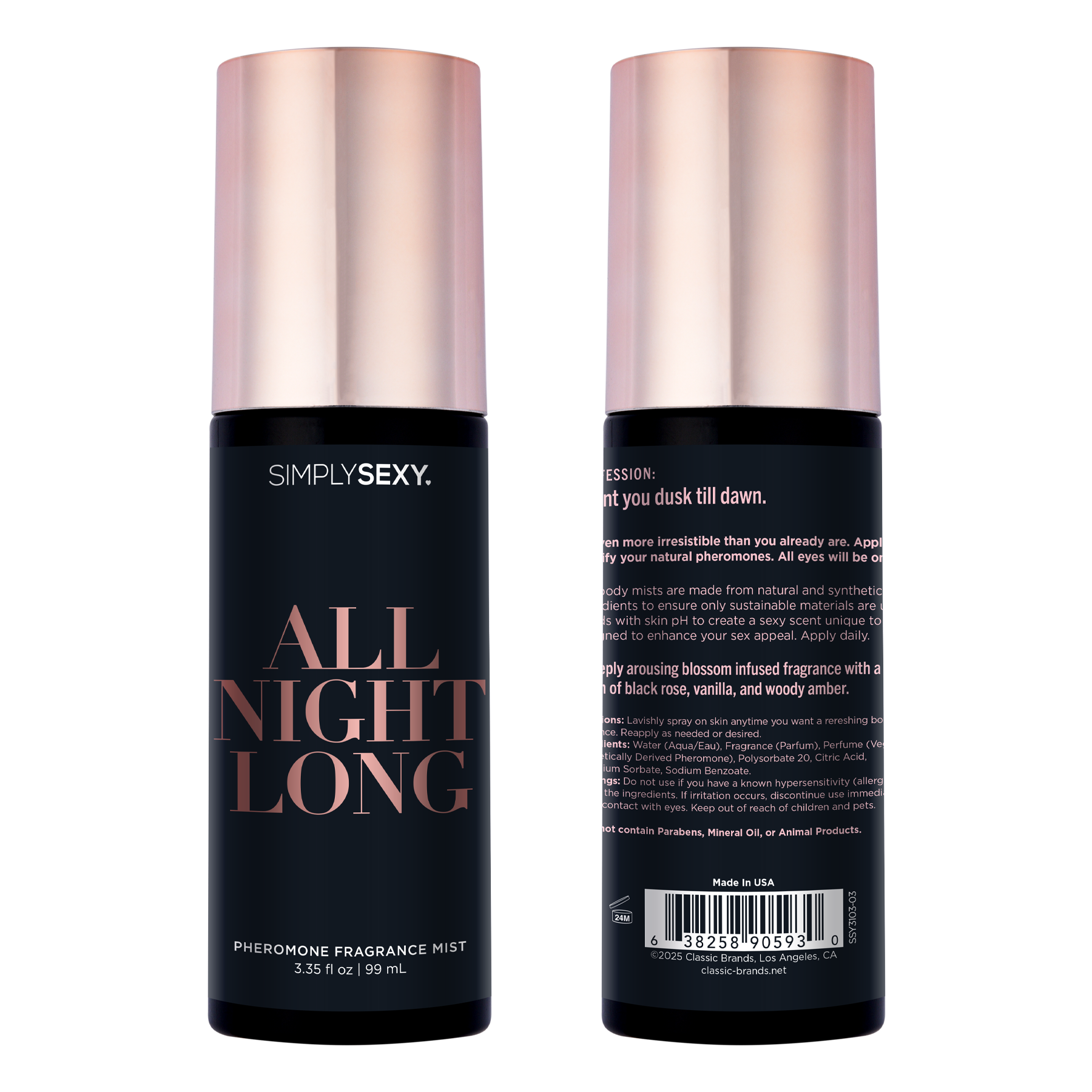 Simply Sexy All Night Long Pheromone Fragrance Mist in a black bottle with a rose gold cap.