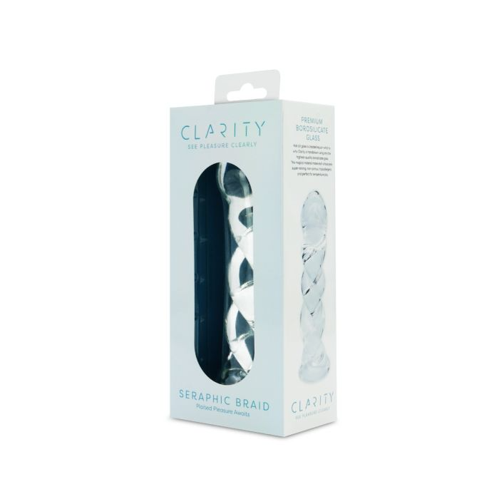 A clear glass dildo with a spiral braid design in its packaging.